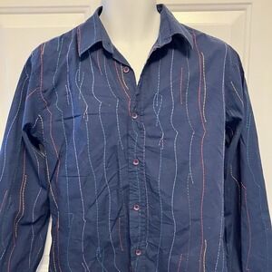 Desigual Shirt Men's Large Blue Button Up Embroidered Regular Fit Colorful